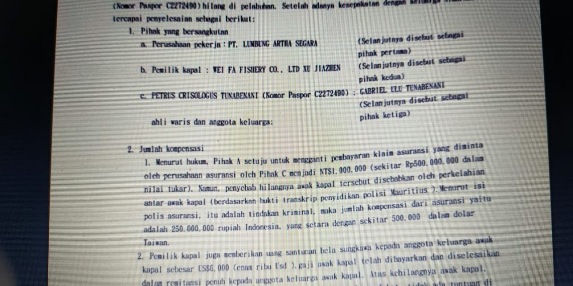 Surat Kesepakatan Penyelesaian atas 7 ABK Indonesia yang hilang di Laut Mauritius Afrika (Katongntt)