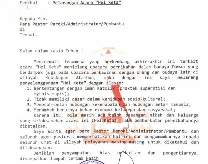 Surat Uskup Atambua tentang pelarangan acara Hel Keta yang kemudian menuai protes di masyarakat NTT. (Redaksi)