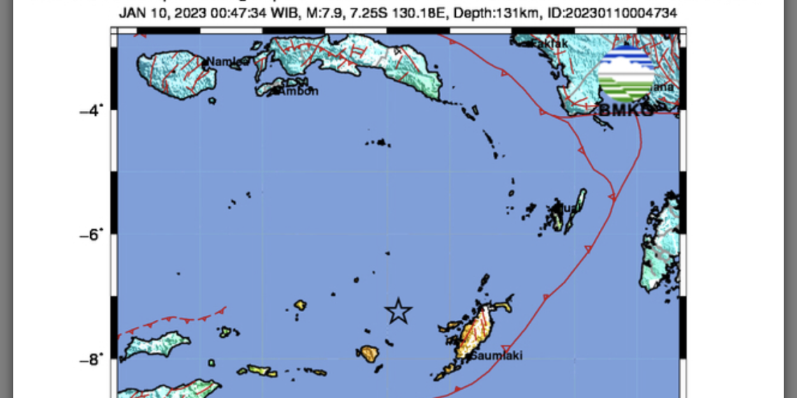 Gempa M 7.5 terjang Maluku, Selasa, 10/1/2023 (Tangkapan Layar Peta guncangan BMKG)
