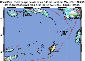 Gempa M 7.5 terjang Maluku, Selasa, 10/1/2023 (Tangkapan Layar Peta guncangan BMKG)