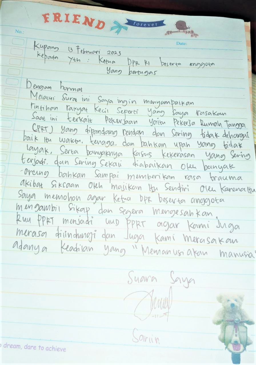 Surat Sarlina Mone Pekerja Rumah Tangga di Kota Kupang untuk Ketua DPR RI (Dok Istmewa)