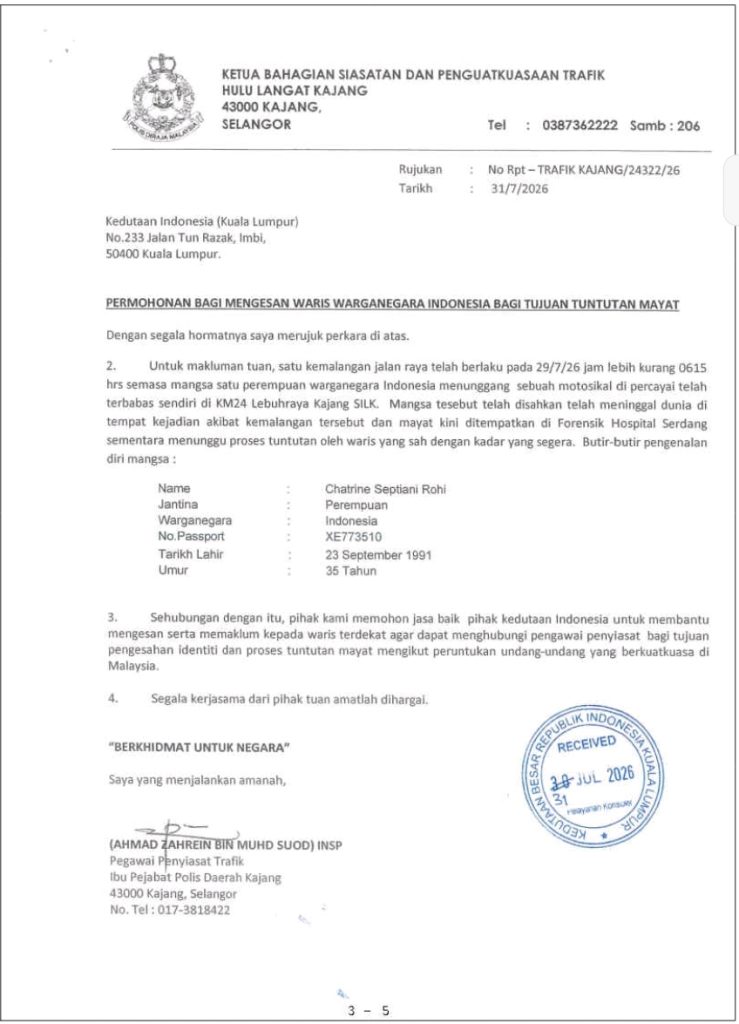 Surat dari Kepolisian Kerajaan Malaysia tentang peristiwa kematian PMI asal Kota Kupang, Chaterine Septiani Rohi. (Dok.KatongNTT)